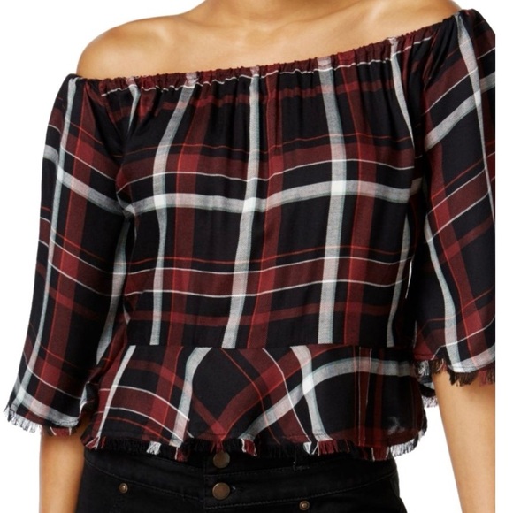 Buffalo David Bitton Tops - Buffalo David Bitton Off-Shoulder Plaid Blouse - Red and Black